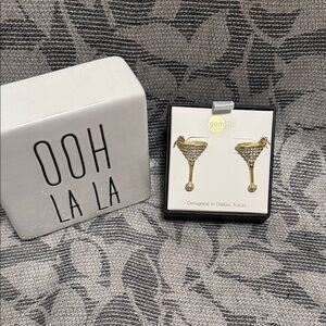 Gemelli Gold & Silver Martini Earrings with Sparkling Crystals (NIB)
